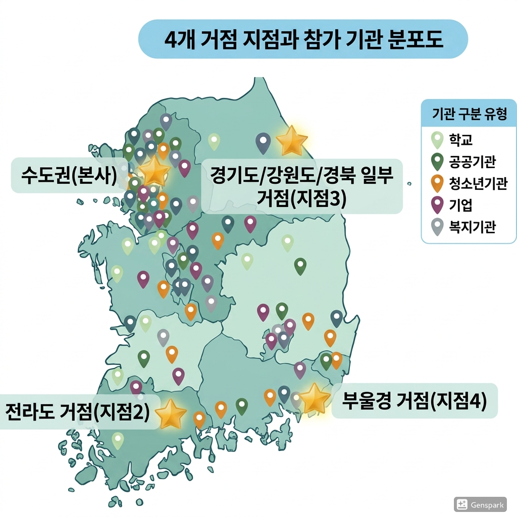 4개 거점 지점과 참가 기관 분포도